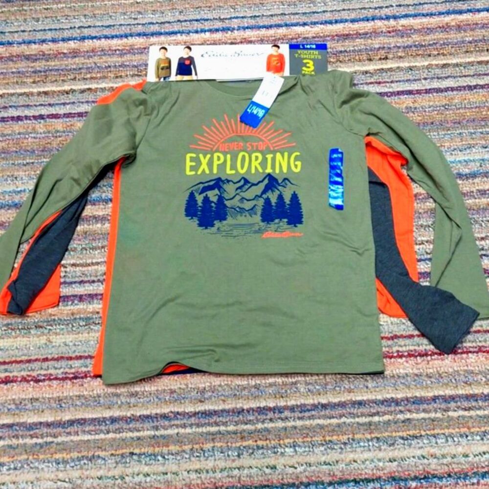 NWT Eddie Bauer Kids Youth Large 14/16 Long Sleeve Shirts 3 Pack Bundle Green
